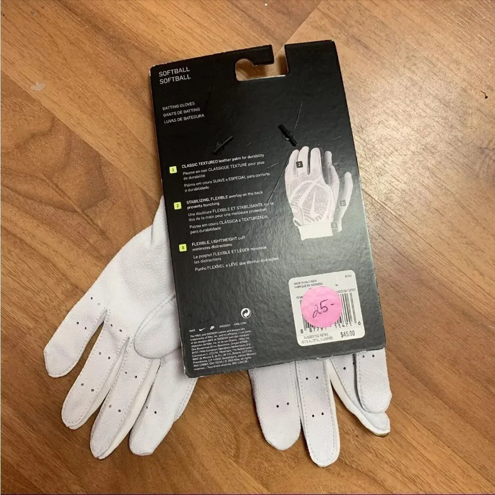 NWT Women's Nike Softball Hyperdiamond Pro Batting Gloves White Gold MEDIUM